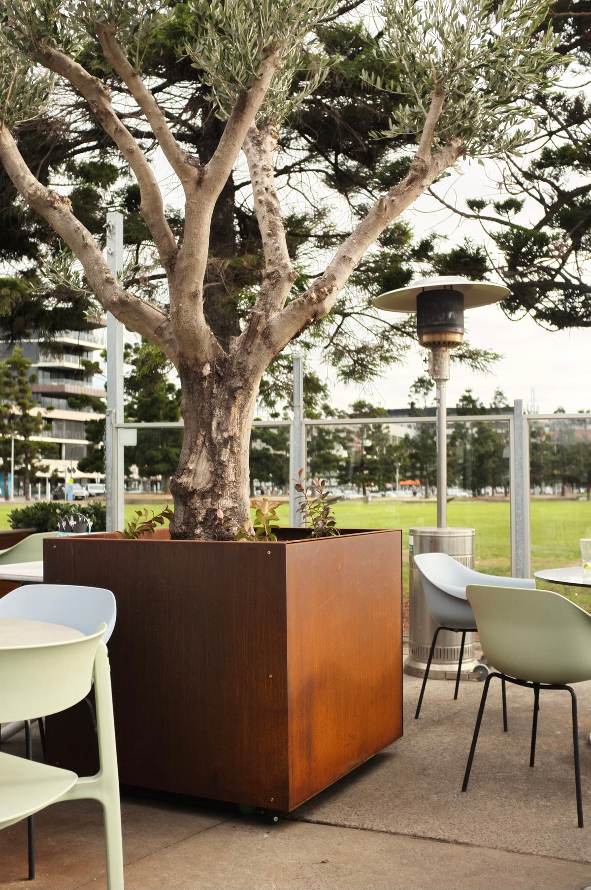 large corten steel planter box on wheels